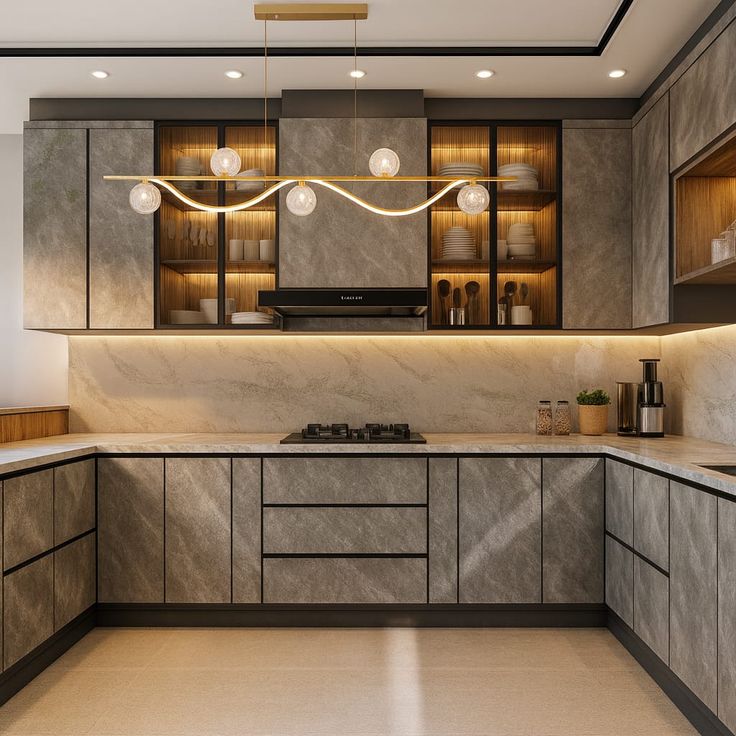 مطبخ أمريكي بمساحة متوسطة